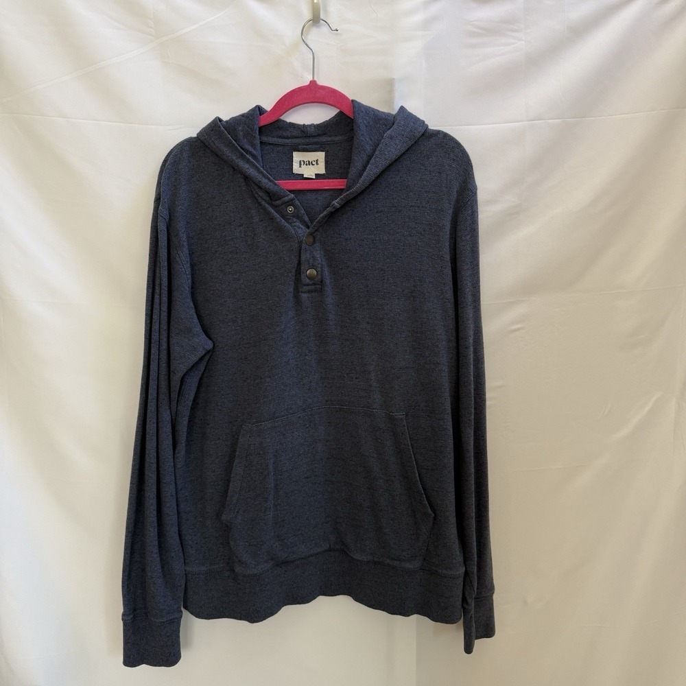 Pact Men's Organic Cotton Snap Neck Hoodie Blue Charcoal Heather Large L